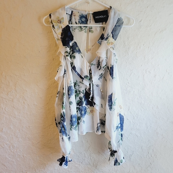 NICHOLAS Blue Rose Cold Shoulder Floral Silk Blouse NWT Size 4 - Picture 3 of 16